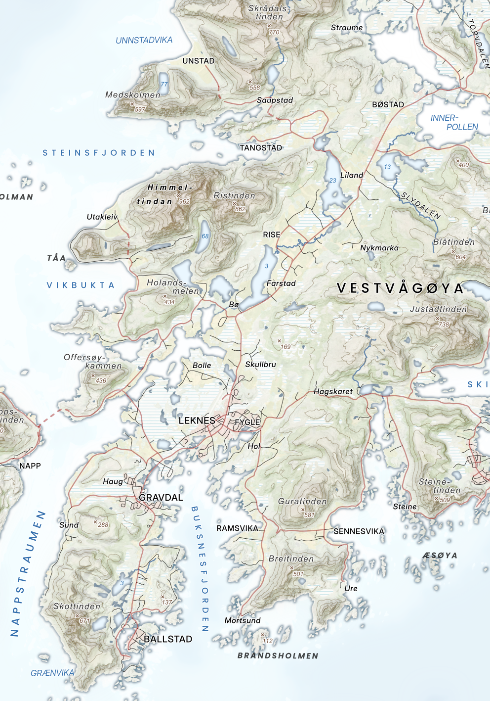 Vestvågøya – Unstad, Leknes og Ballstad vist i fargerik, forenklet stil.
