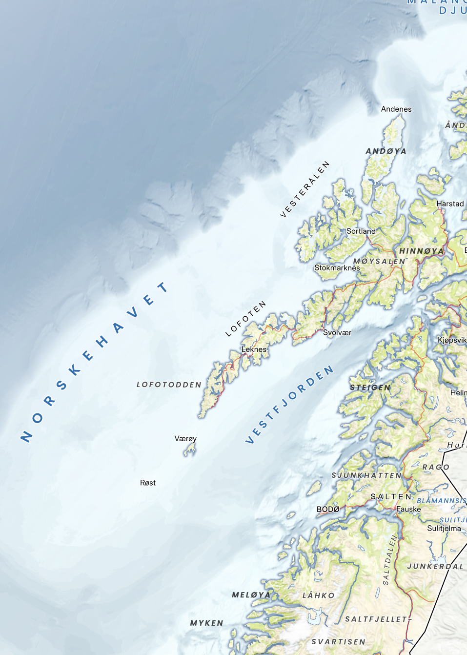 Utsnitt av Nordland. Rolig og harmonisk fargepalett med tydelige men diskrete linjer.