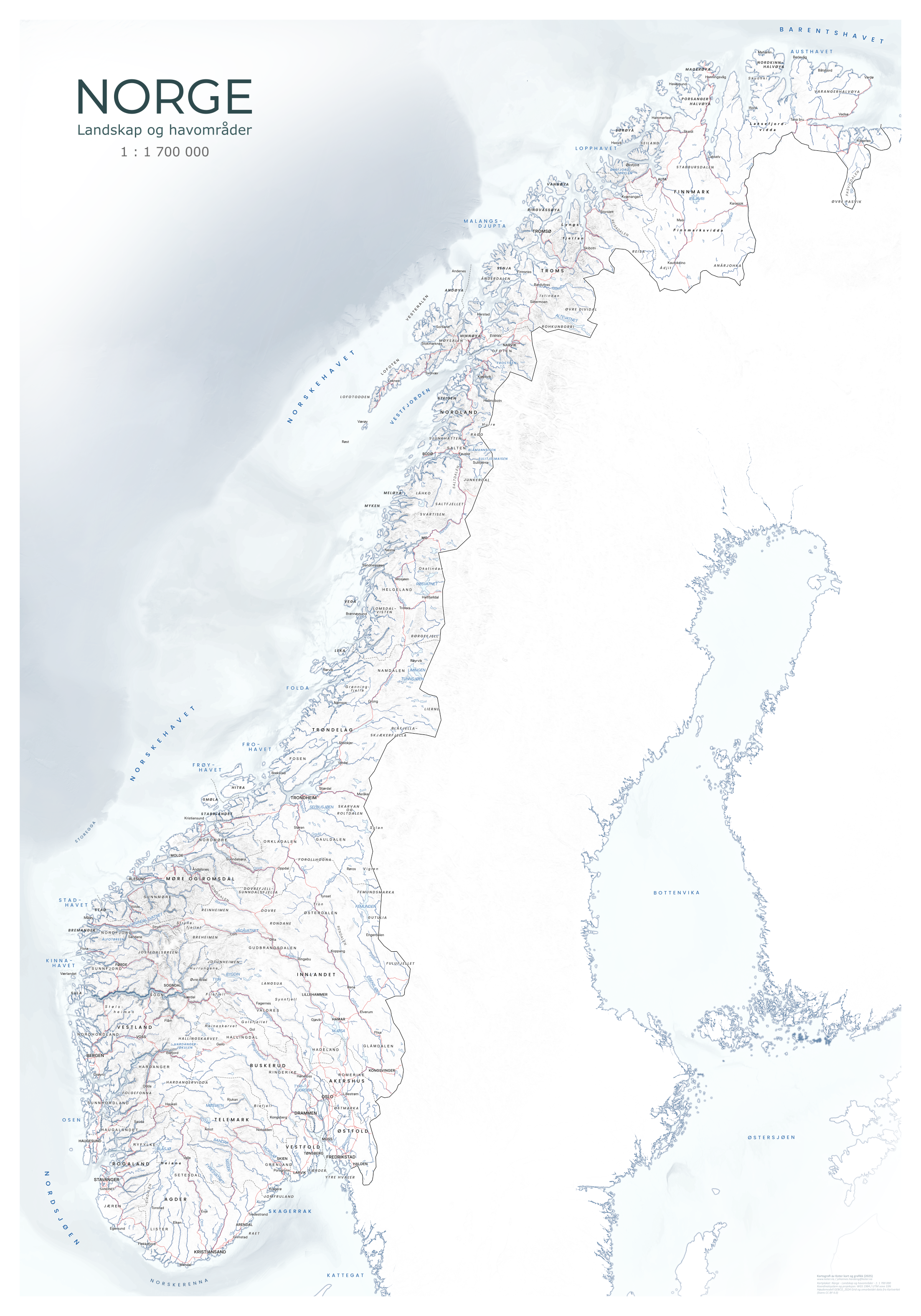Norgeskart – Minimalistisk, fullversjon. Hele landet vist i rent design med få detaljer og balansert kontrast.
