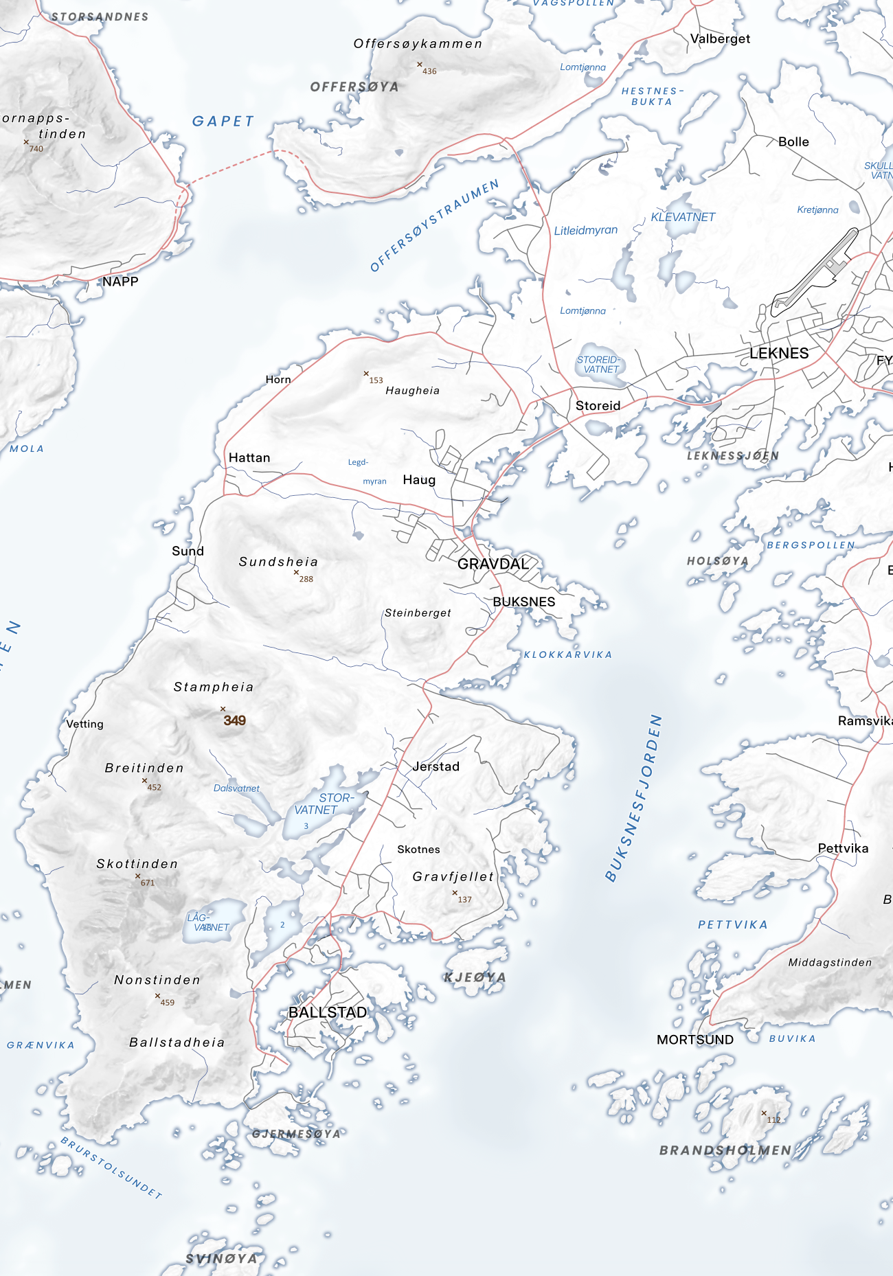 Leknes, Gravdal, Ballstad, Nonstinden og Skottinden vist i enkel og tydelig form.