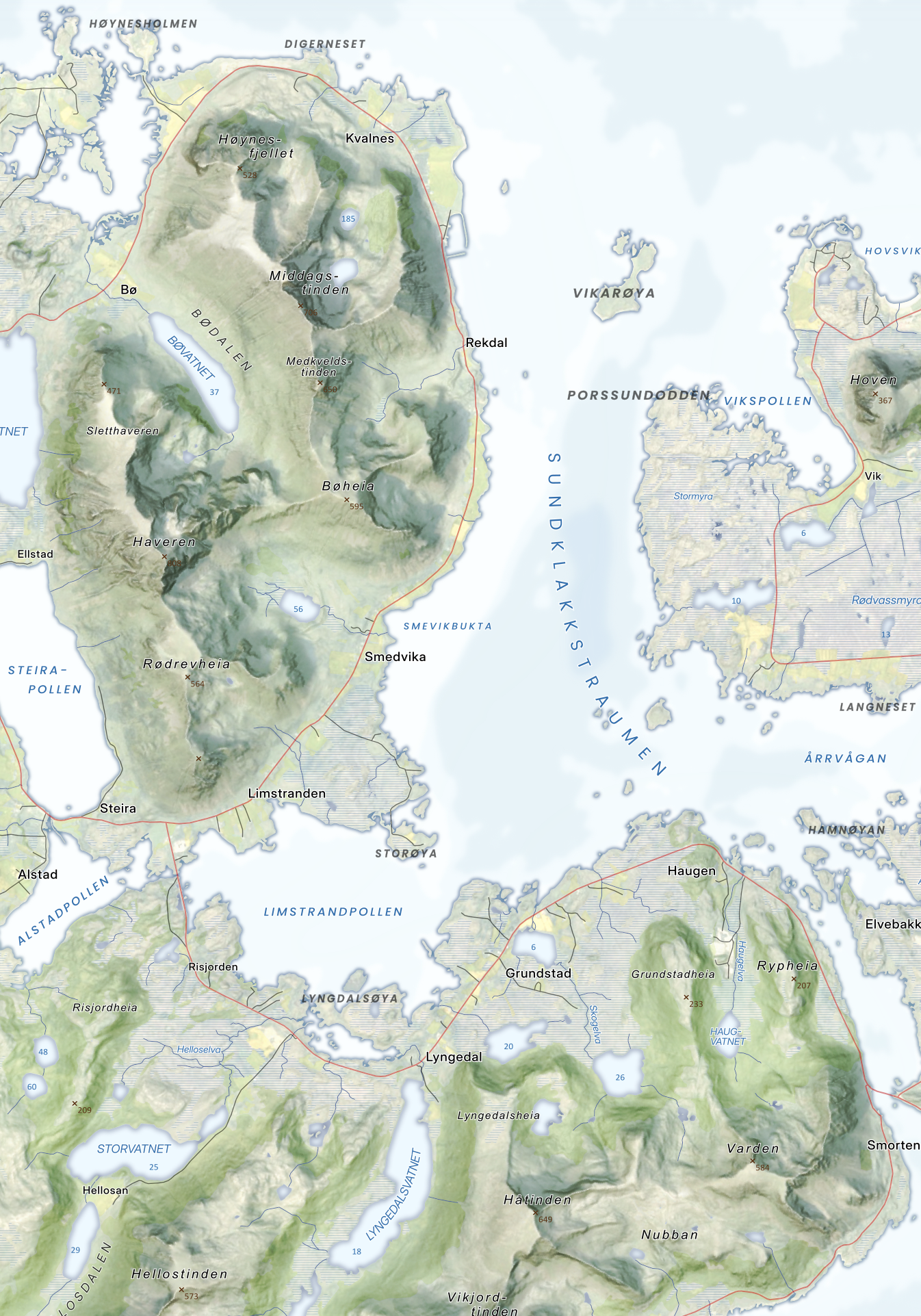 Nordøstlige Vestvågøy – Haveren, Hellostinden, Håtinden og Gimsøya med Hoven i realistisk fremstilling.