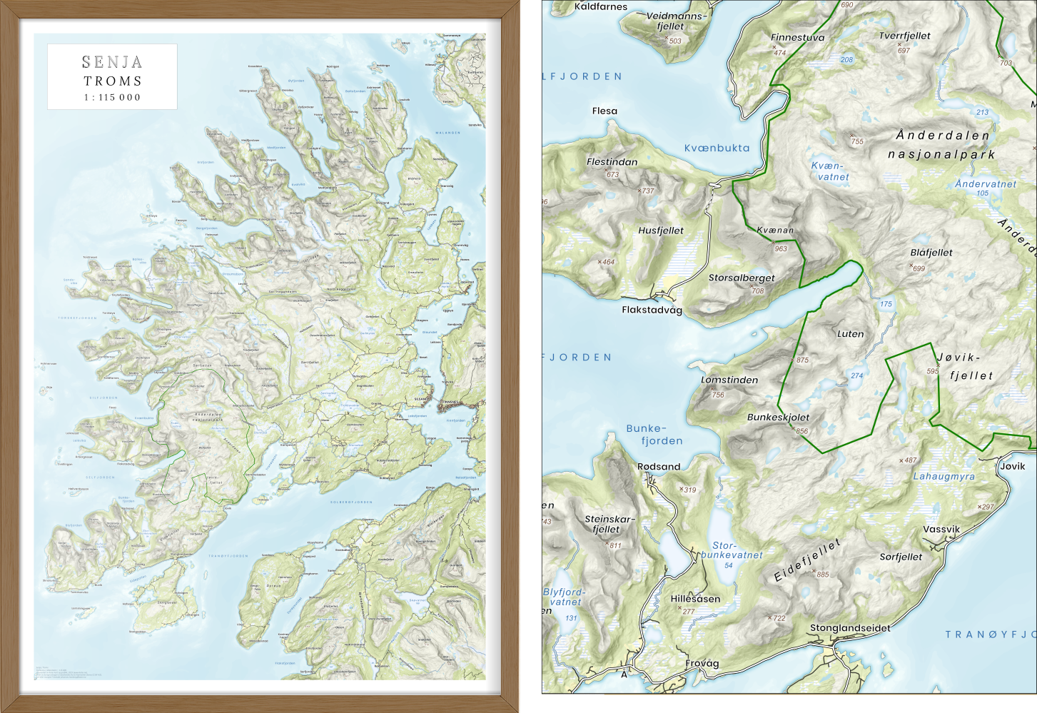 Innrammet kartplakat over Senja i stilisert fjellkonturstil, målestokk 1:115 000 – ryddig og lesbar fremstilling, perfekt som hyttekart.