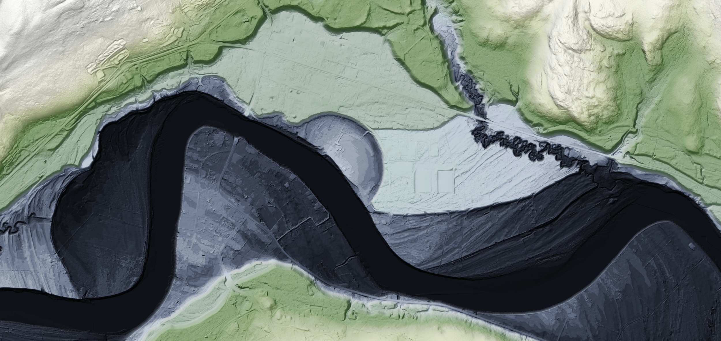 Terrengmodell med mørke blå og grønne fargegradienter – fremhever topografi og dybde.