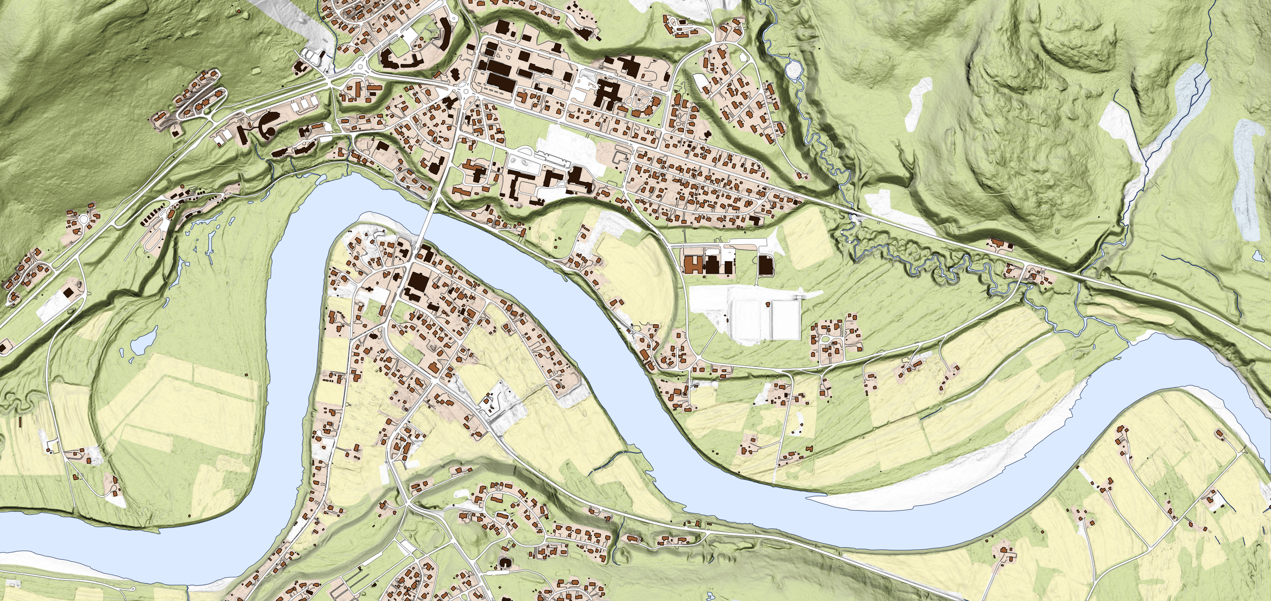 By- og turkart med klassisk kartfarge og tydelig terreng – en kombinasjon av natur og bebyggelse.