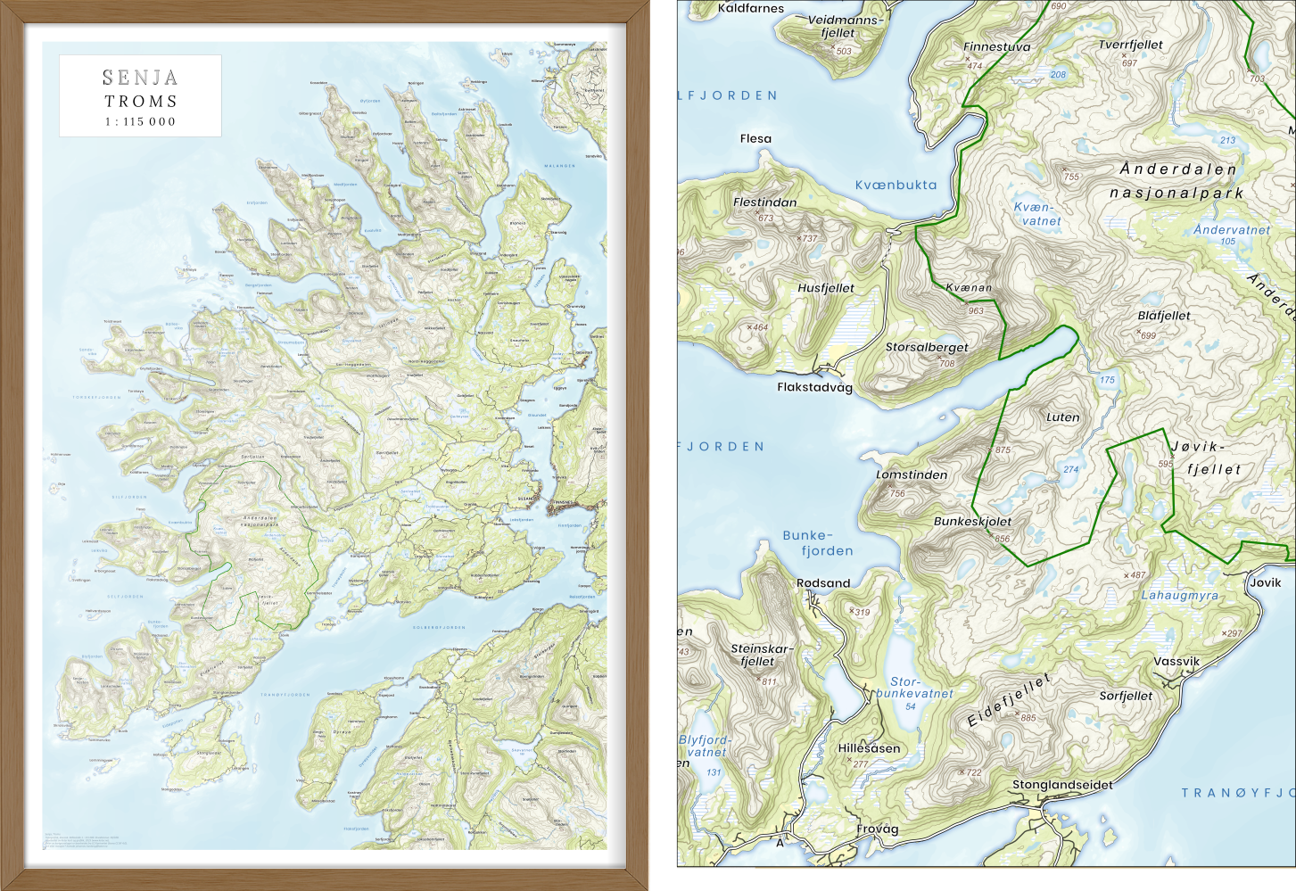 Innrammet kartplakat over Senja i klassisk topografisk stil, målestokk 1:115 000 – med tydelige høydelinjer, vann og stedsnavn i tradisjonell kartografi.