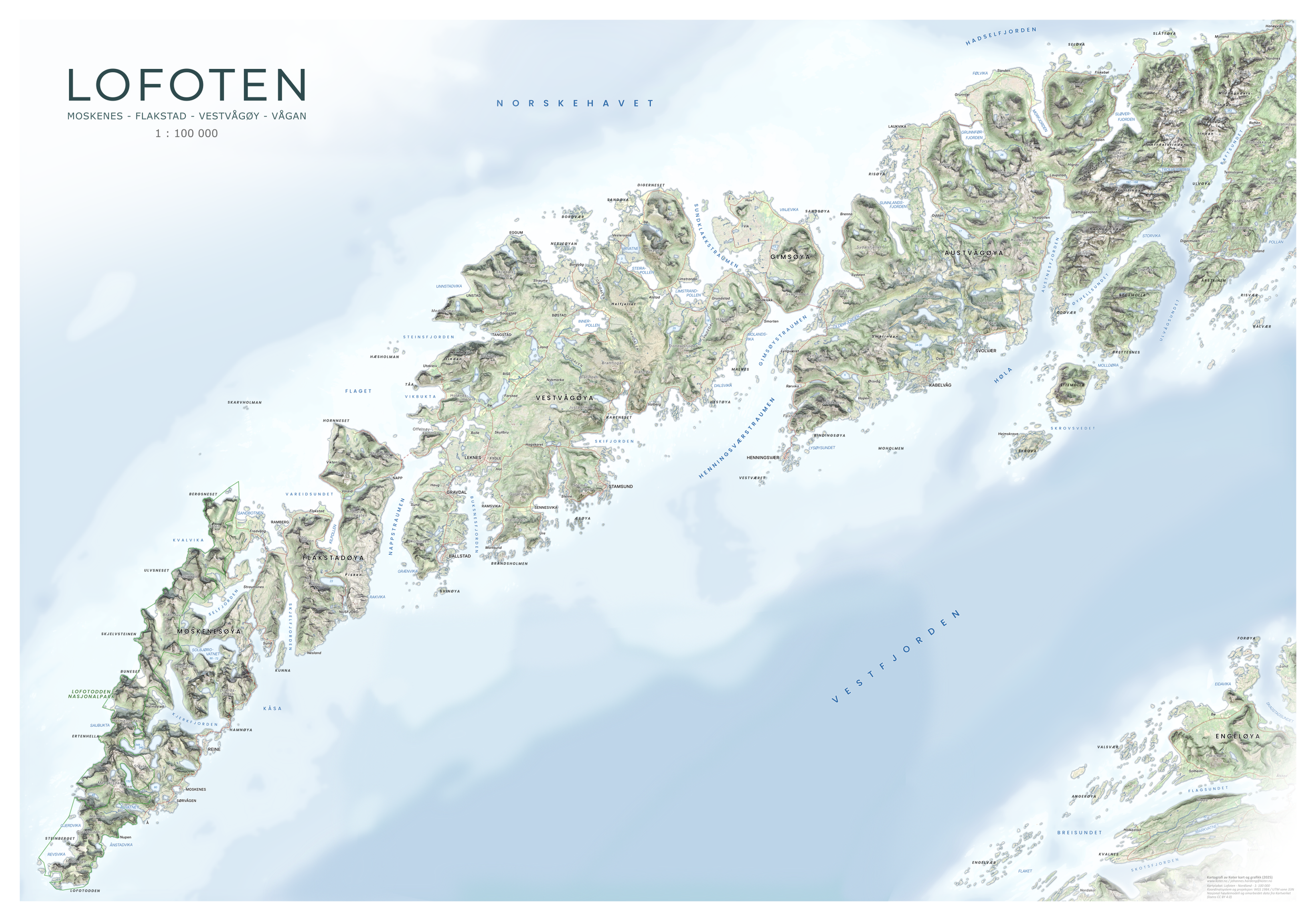 Realistisk kart over Lofoten med naturtro farger og terreng inspirert av satellittfoto.