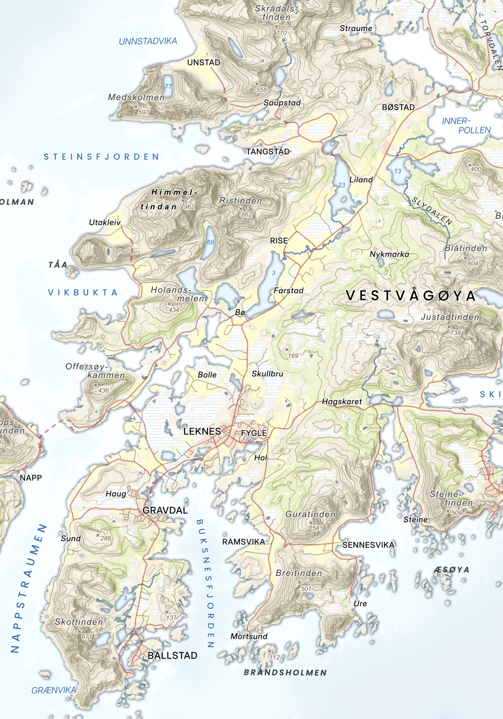 Vestvågøya – Unstad, Leknes og Ballstad vist i klassisk stil med tydelige høyder.