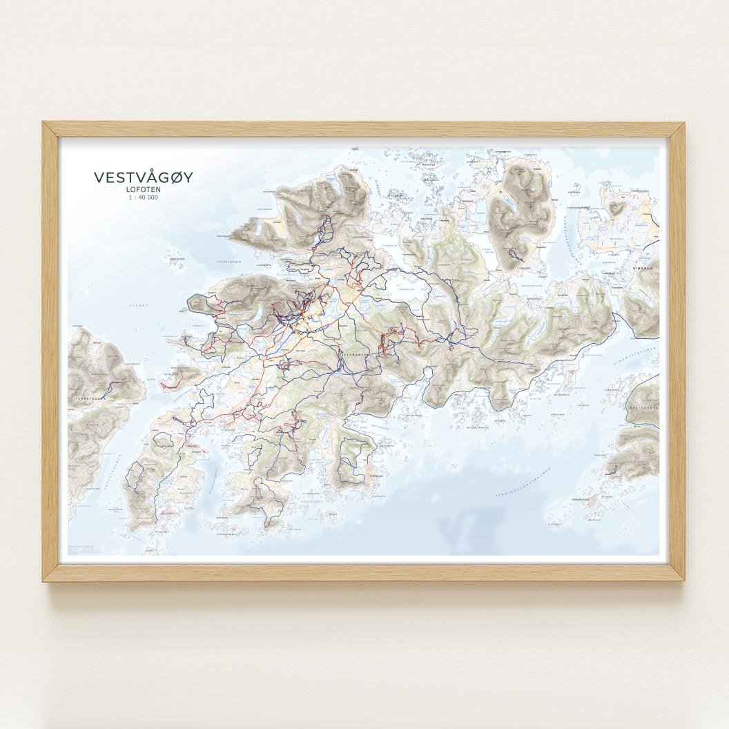 Eksempelkart over Vestvågøy med Strava heat map (GPS-spor). Viser hvordan egne ruter eller prosjekter kan tegnes inn.