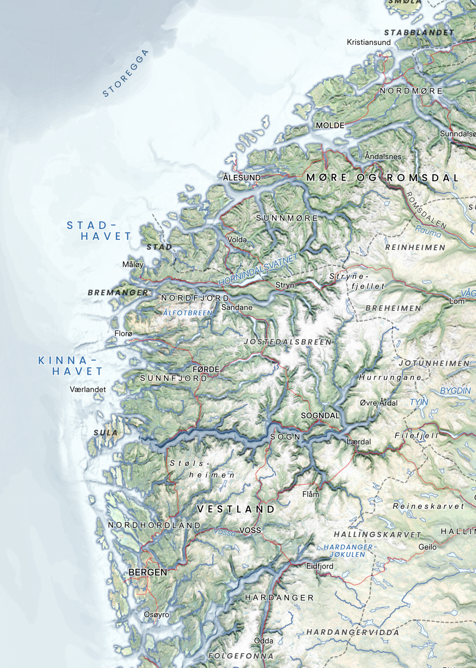 Utsnitt av Vestlandet. Realistisk gjengivelse av fjorder, daler og kyst i naturtro farger.