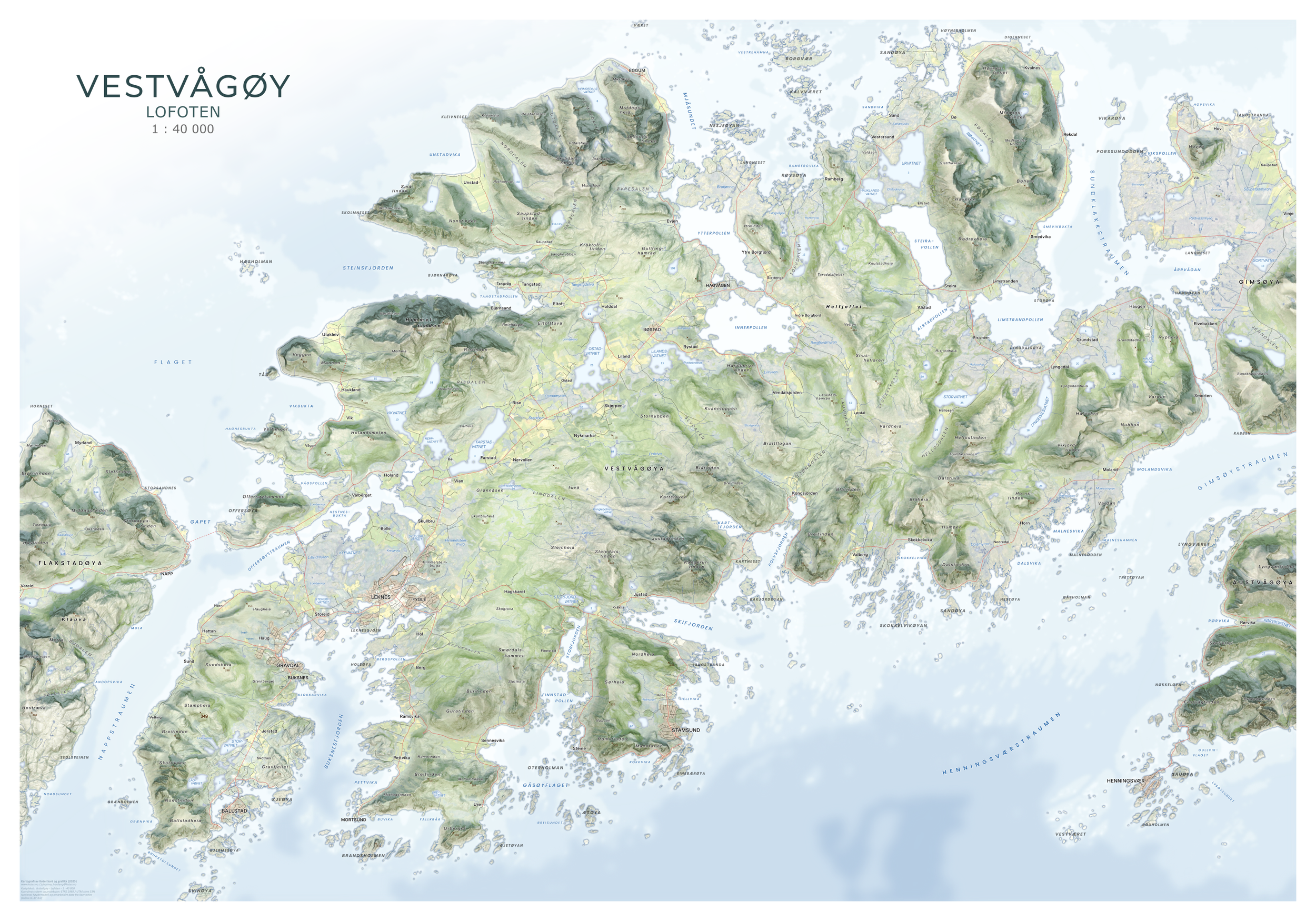 Realistisk kart over Vestvågøy med naturtro terreng og fargetoner inspirert av satellittfoto.