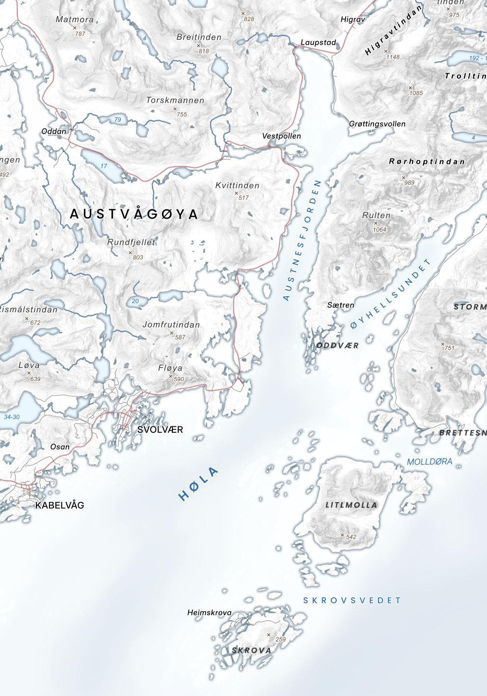 Deler av Vågan kommune – Kabelvåg og Svolvær fremhevet i stilrent, nedtonet design.