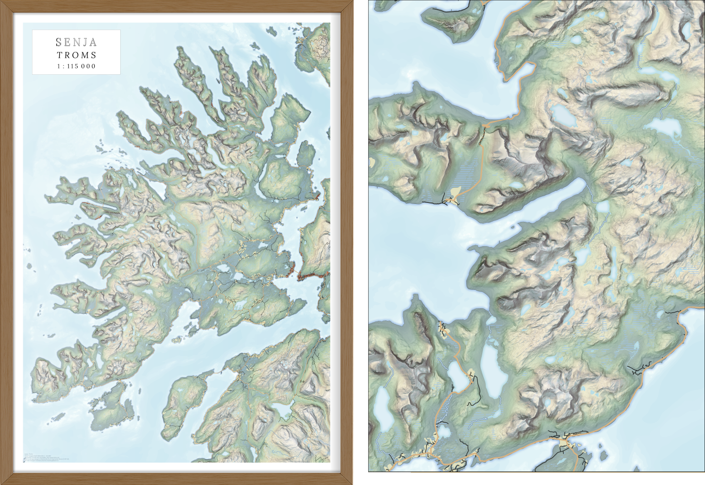 Kartplakat over Senja med fargelagt skyggerelieff, målestokk 1:115 000 – livlig og detaljert gjengivelse av øyas fjell og fjorder.