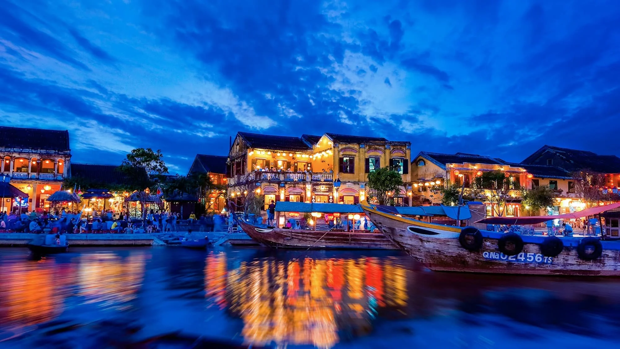 Hoi An riverside lit up at night in VIetnam