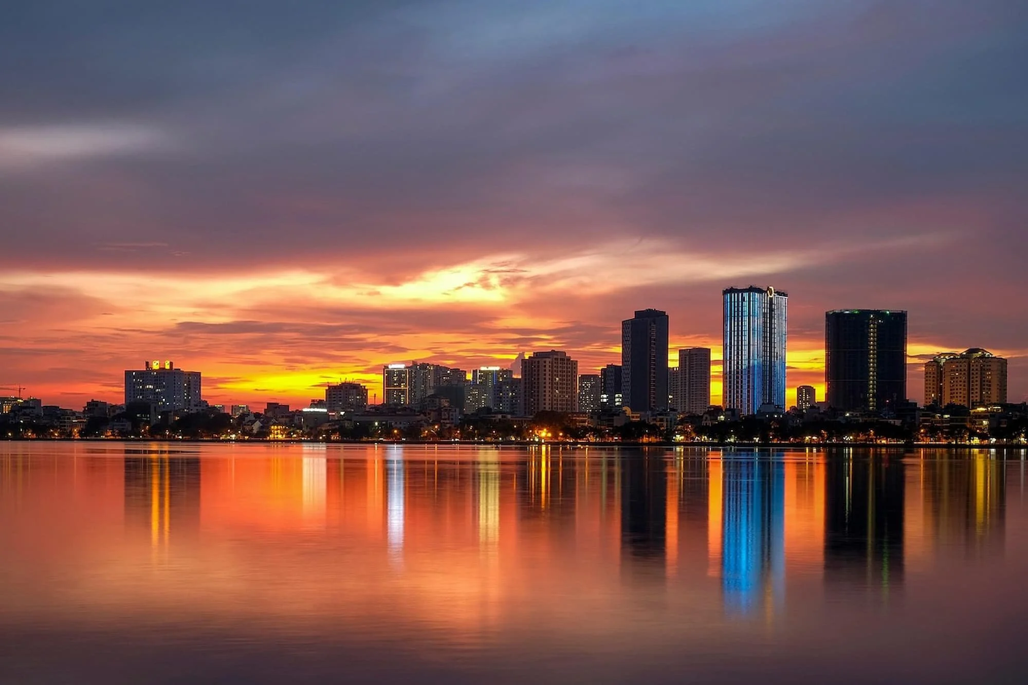 Sunset views across west lake in Hanoi in Vietnam