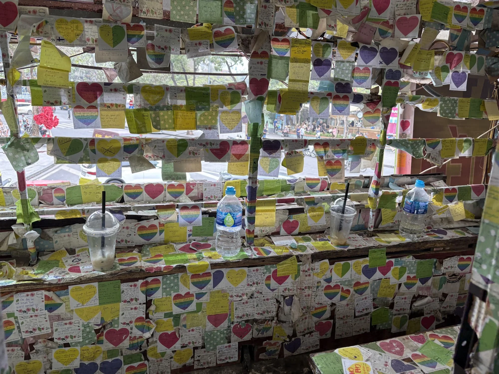 Sticky notes covering the whole cafe at Note Coffee in Hanoi inVietnam