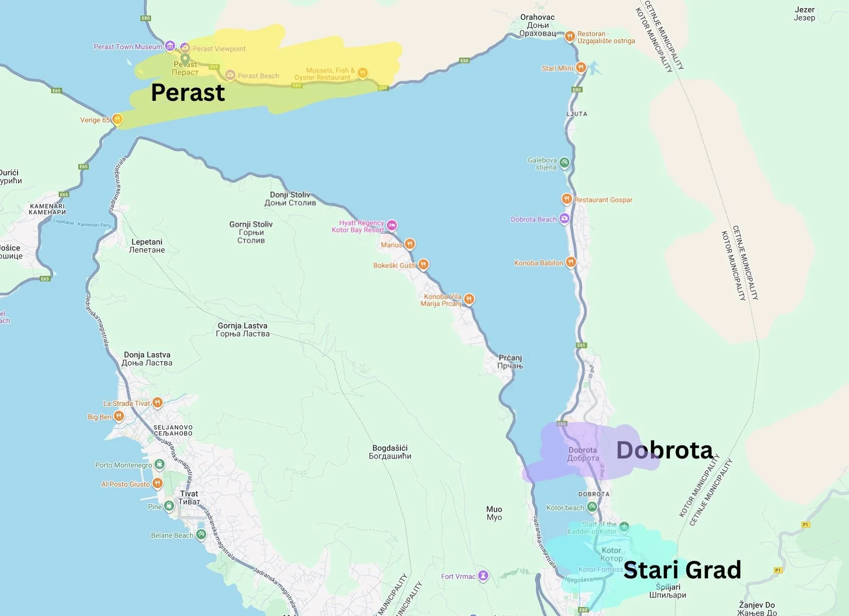 Map showing best areas to stay in Kotor in Montenegro