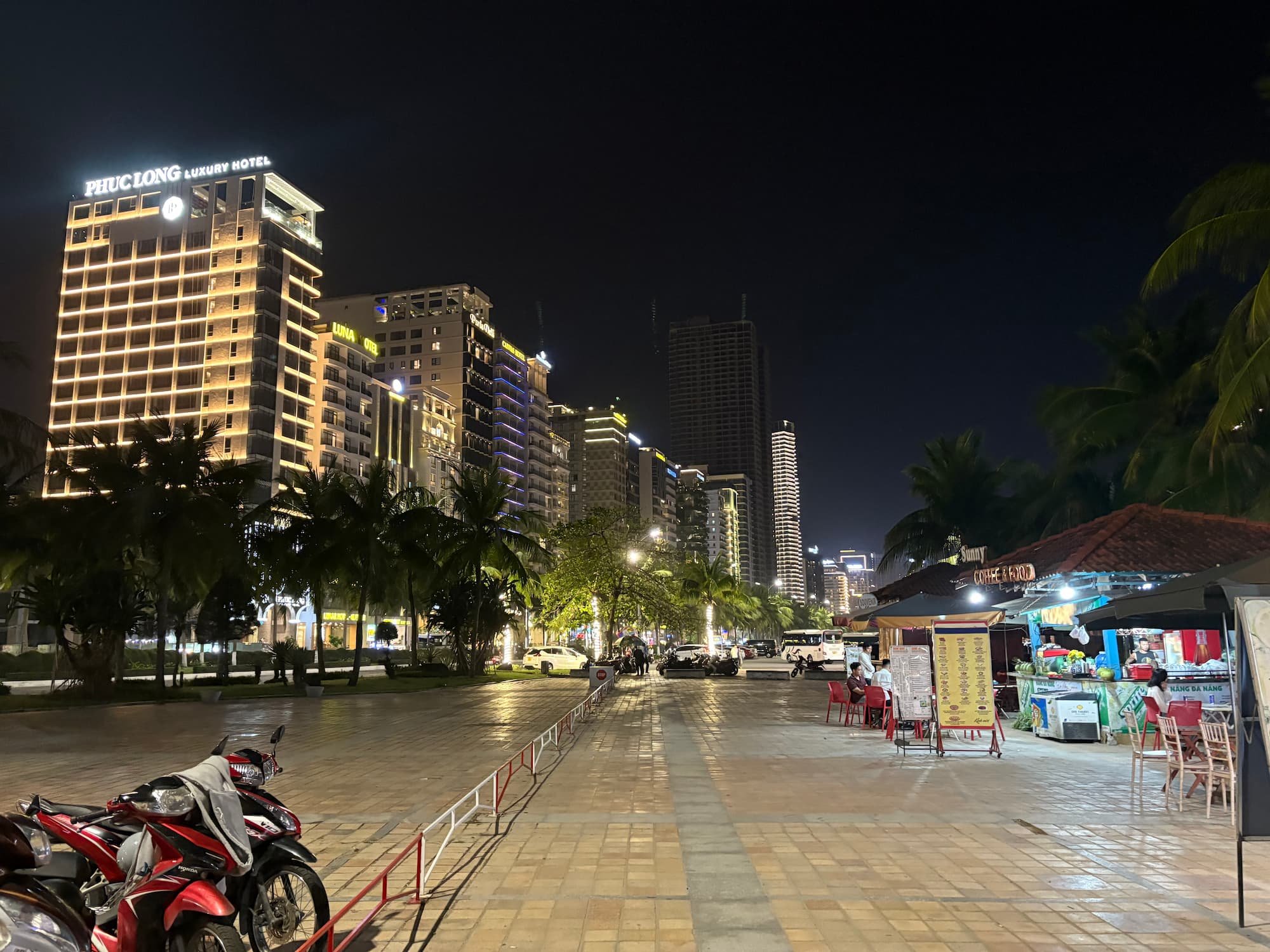 Lit up skyscrapers at My Khe Beach in Da Nang in Vietnam