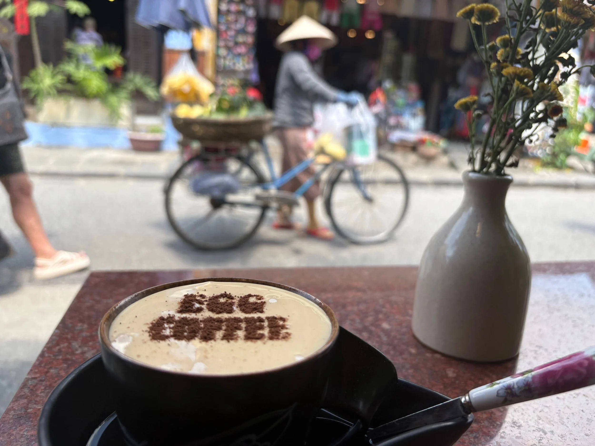Tom Henty enjoying an egg coffee in  a cafe in Hoi An Old Town in Vietnam