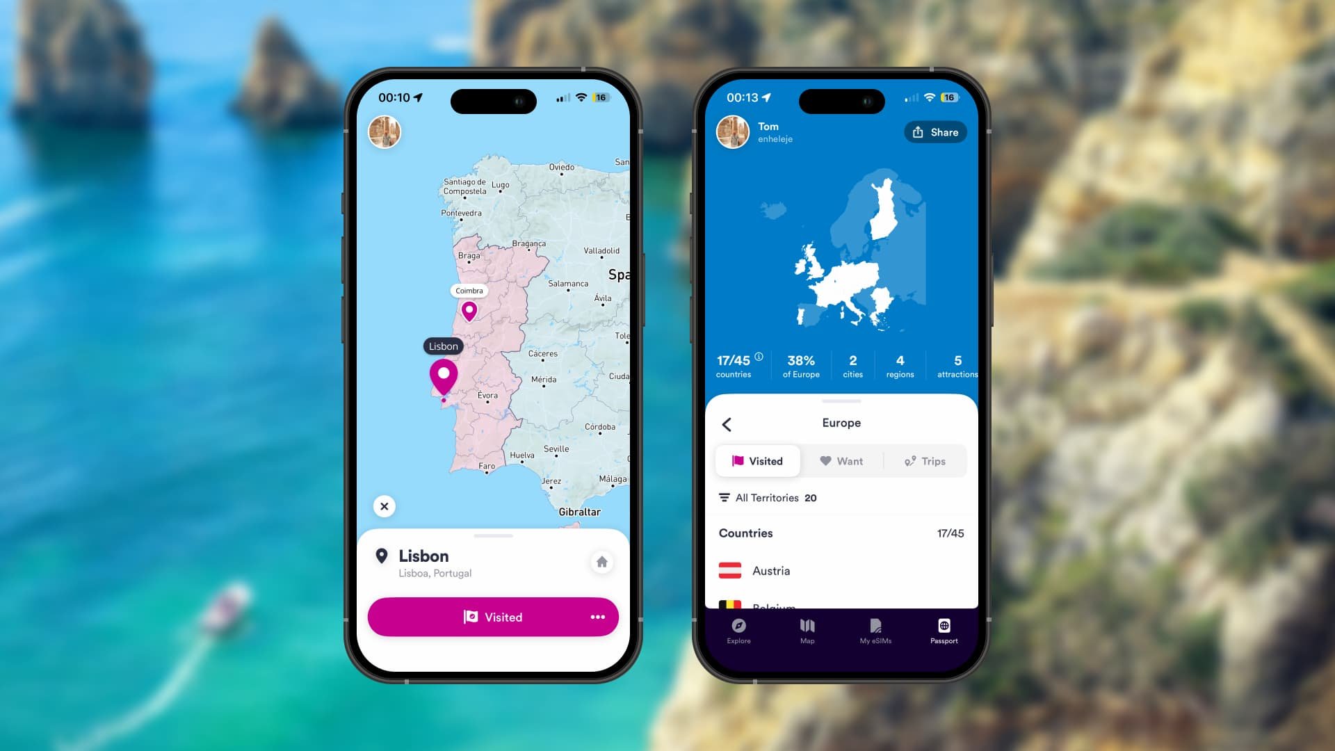 The Skratch app displaying a travel map of Portugal and a visited countries tracker, allowing users to record destinations and visualise their travel history.