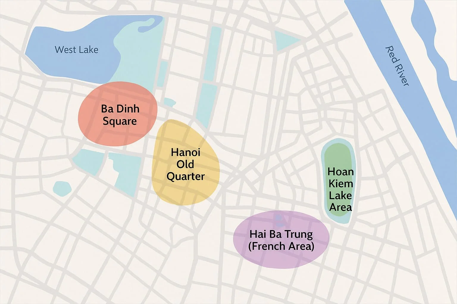 A basc map of Hanoi's different districts in Vietnam