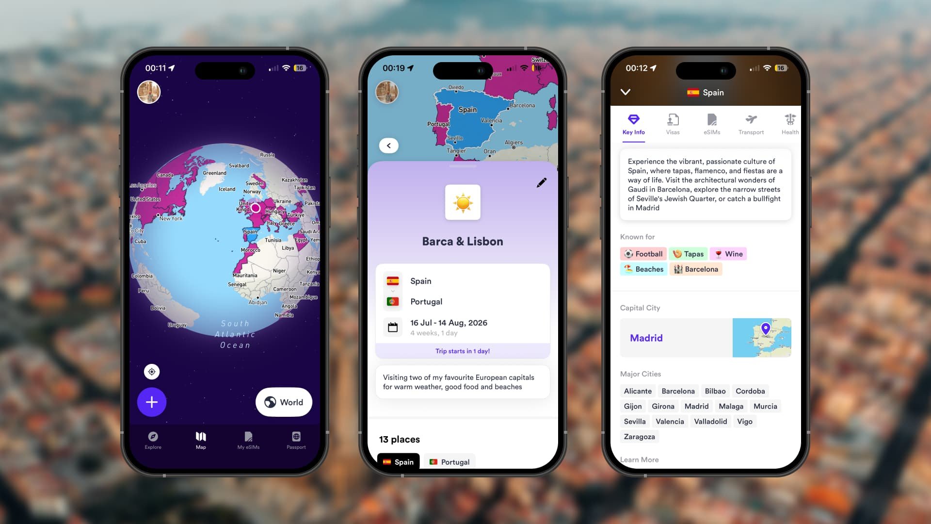 The Skratch travel app displaying a visited countries map, trip planner for Barcelona and Lisbon, and destination information for Spain.