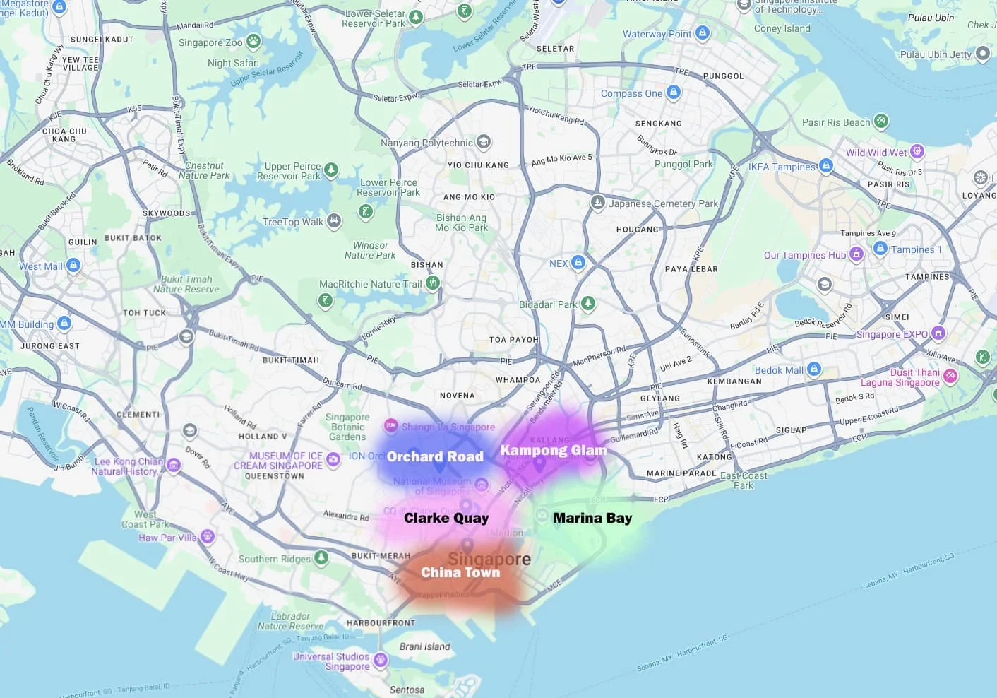 Map of different areas of Singapore