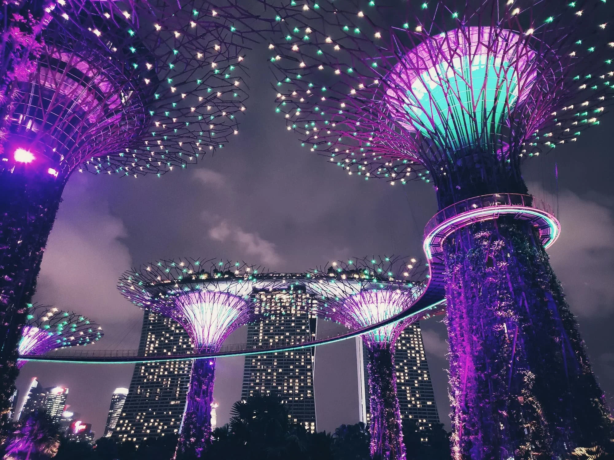 Supertree Grove light show at Gardens by the Bay Singapore with Marina Bay Sands in the background