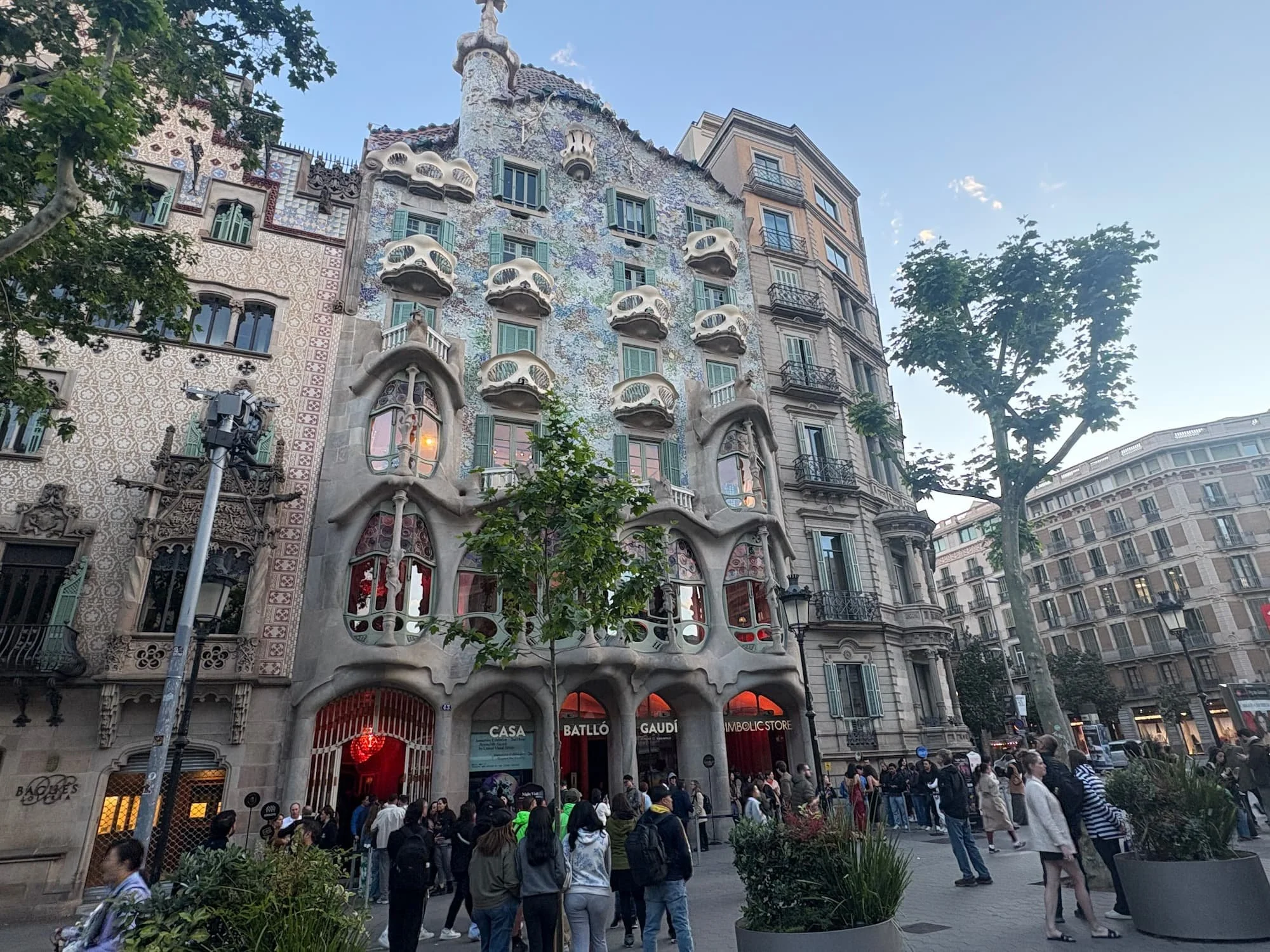 Exterior of Casa Batlló on Passeig de Gràcia in Barcelona, Spain, showcasing Antoni Gaudí's iconic Modernist architecture and colourful façade.