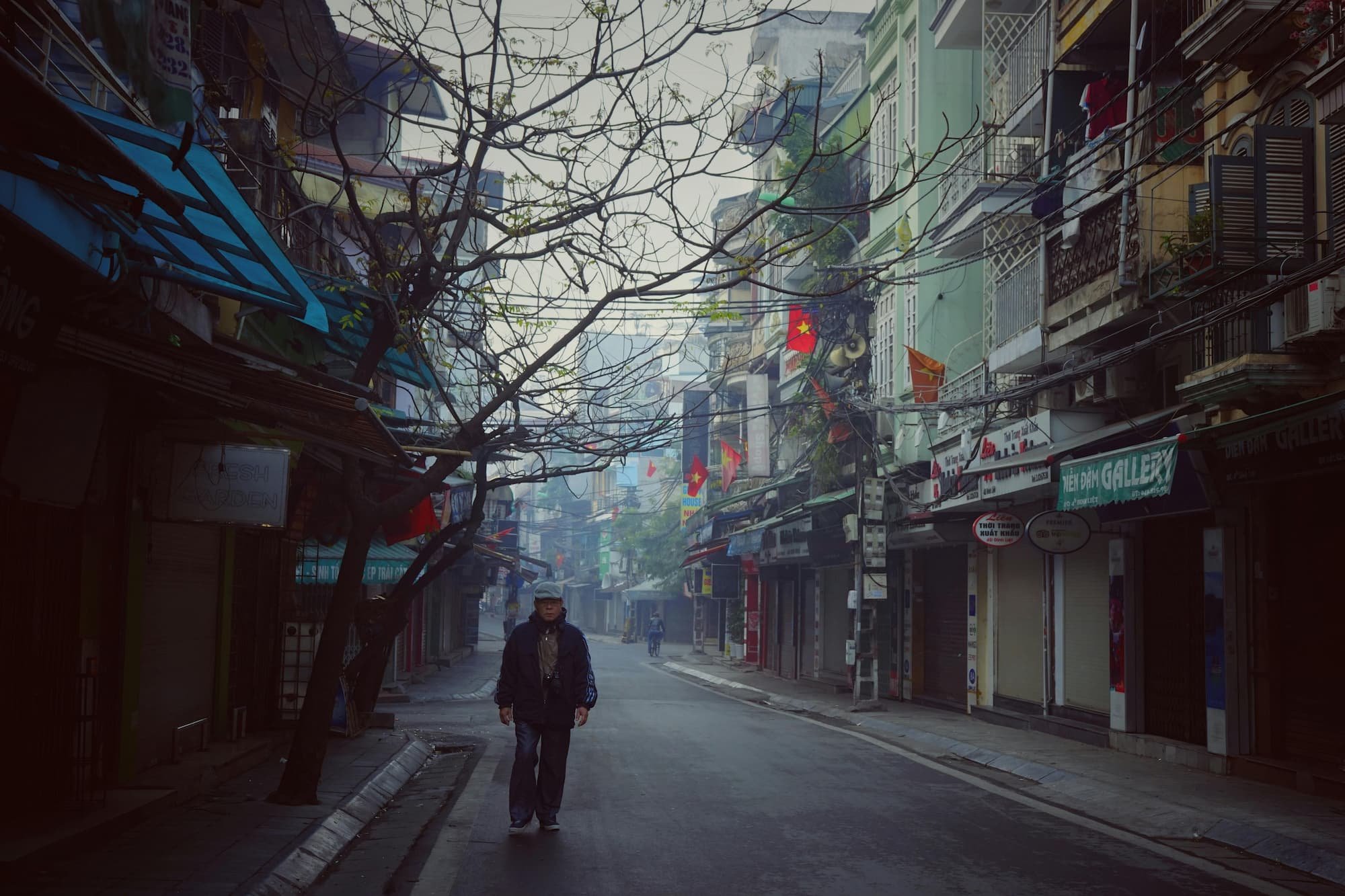 Empty foggy streets in the Old Quarter in Hanoi in Vietnam