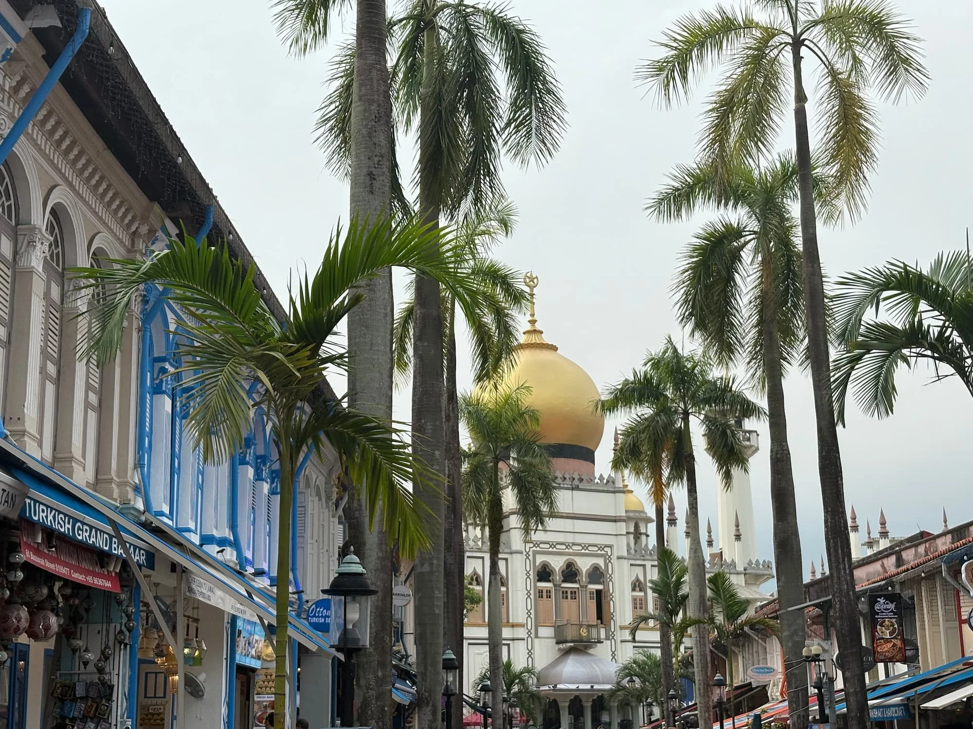 Sultan Mosque dome framed by palm trees and shophouses in Kampong Glam Singapore