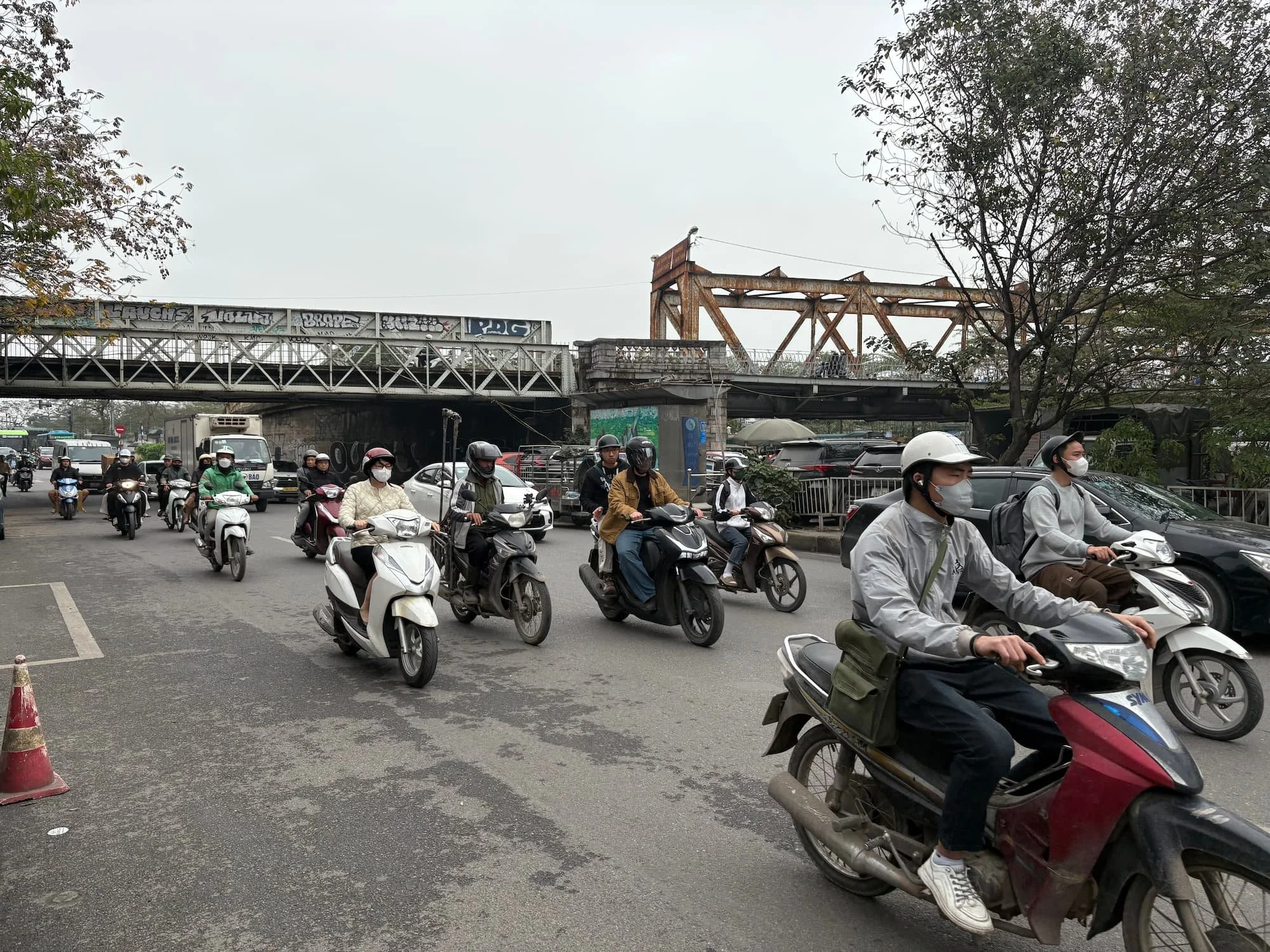Busy streets filled with scooters in Hanoi in Vietnam