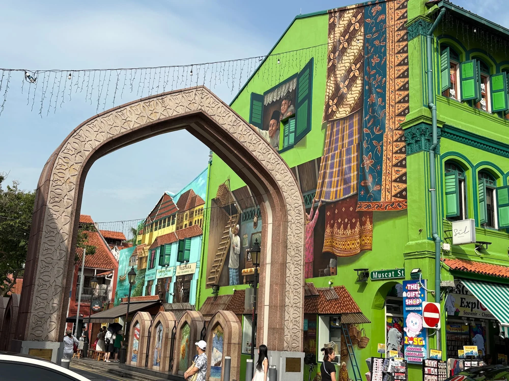 Street mural and archway on Muscat Street in Kampong Glam Singapore near Sultan Mosque