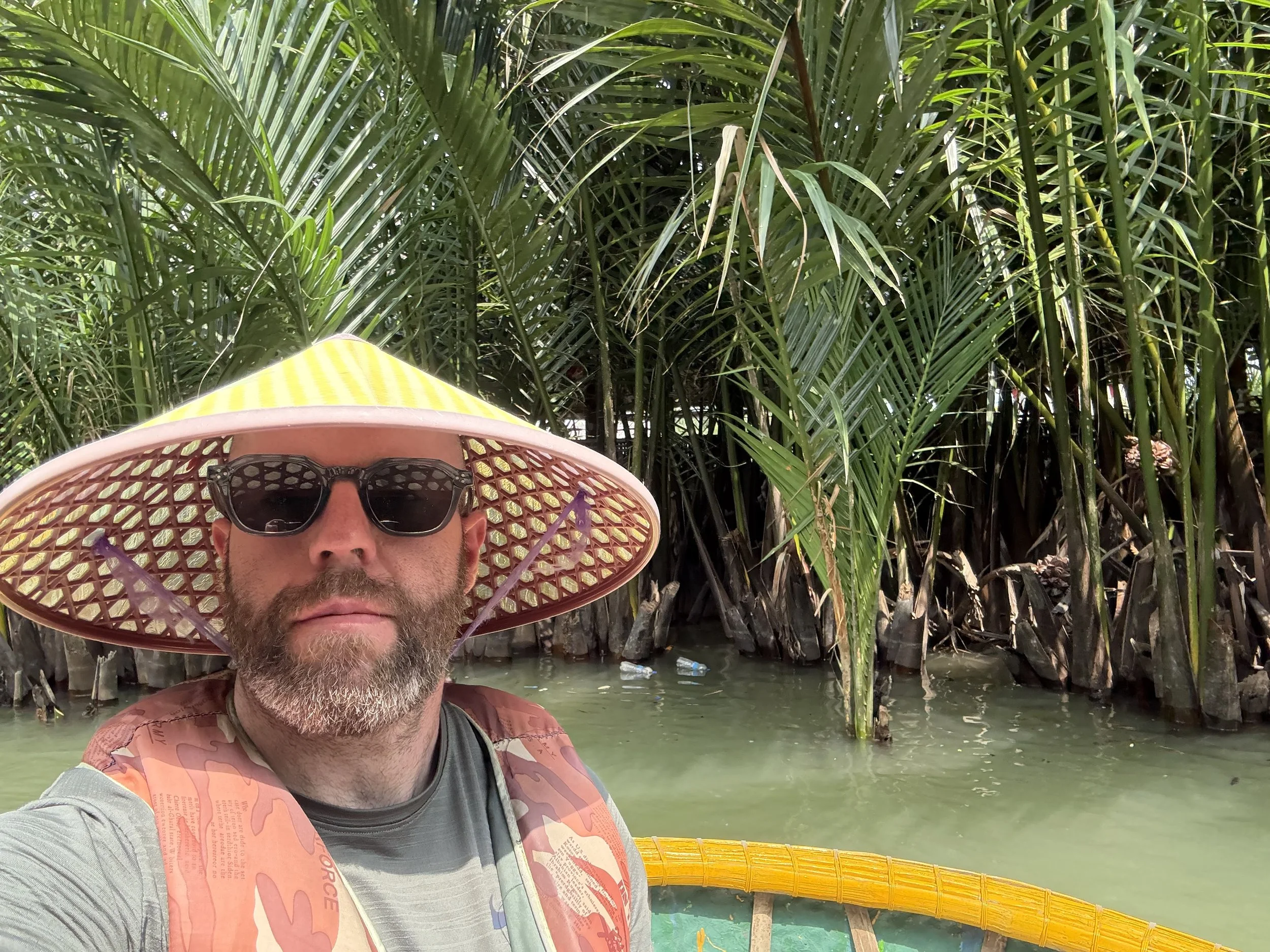 Tom Henty selfie on basket boat tour near Hoi An in Vietnam
