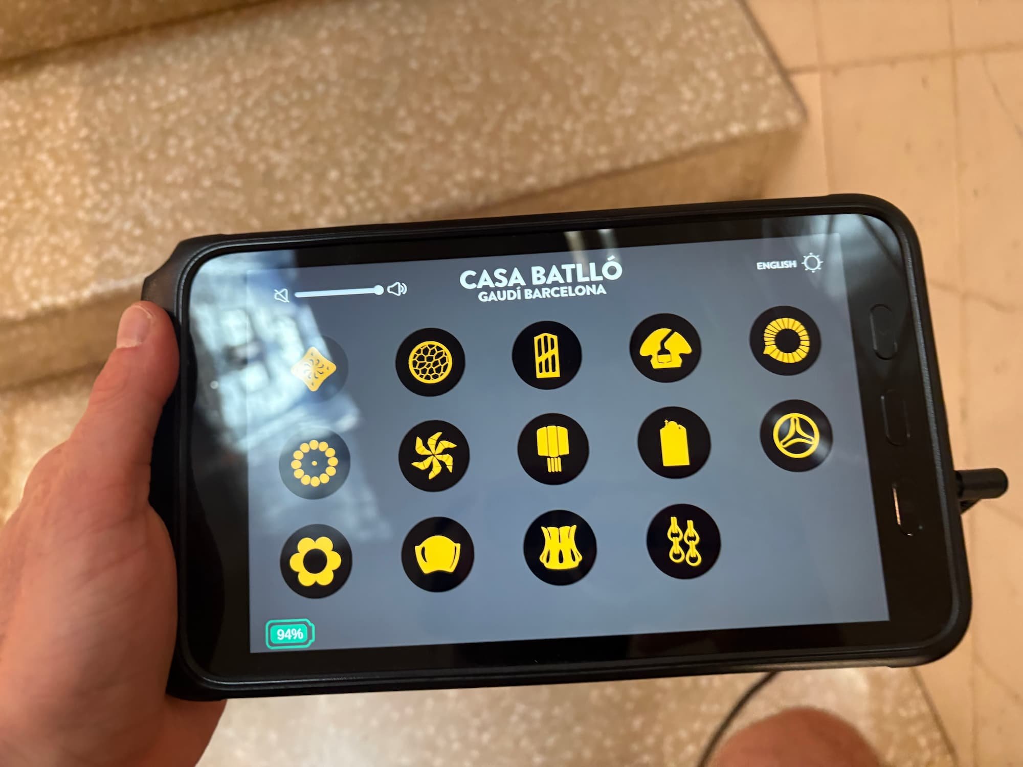 Interactive multimedia tablet guide used during the Casa Batlló experience in Barcelona.