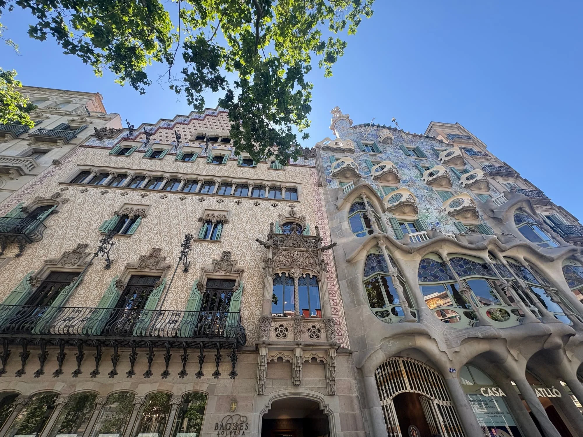 Low-angle view of Casa Batlló and neighbouring buildings on Passeig de Gràcia, highlighting Gaudí's curved façade beside Barcelona's more traditional architecture.