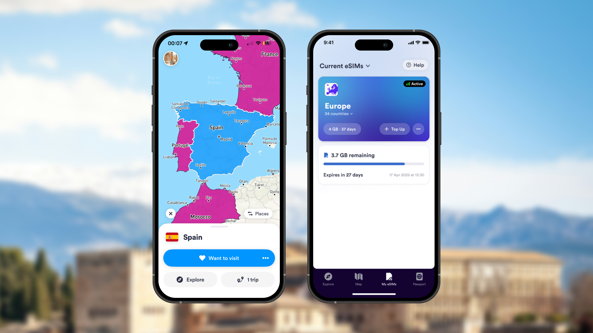 Screenshot of the Skratch app showing a Europe travel map alongside an active Europe eSIM with remaining data and trip tracking features.