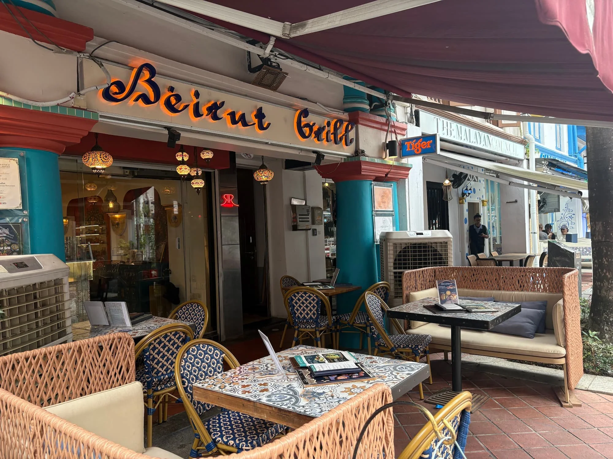 Beirut Grill restaurant terrace in Kampong Glam Singapore with outdoor seating