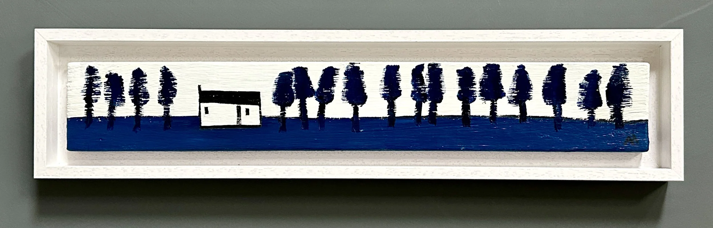 In The Twilight Trees, oil painting on reclaimed teak, 12 x 51 cm in bespoke frame.  Available