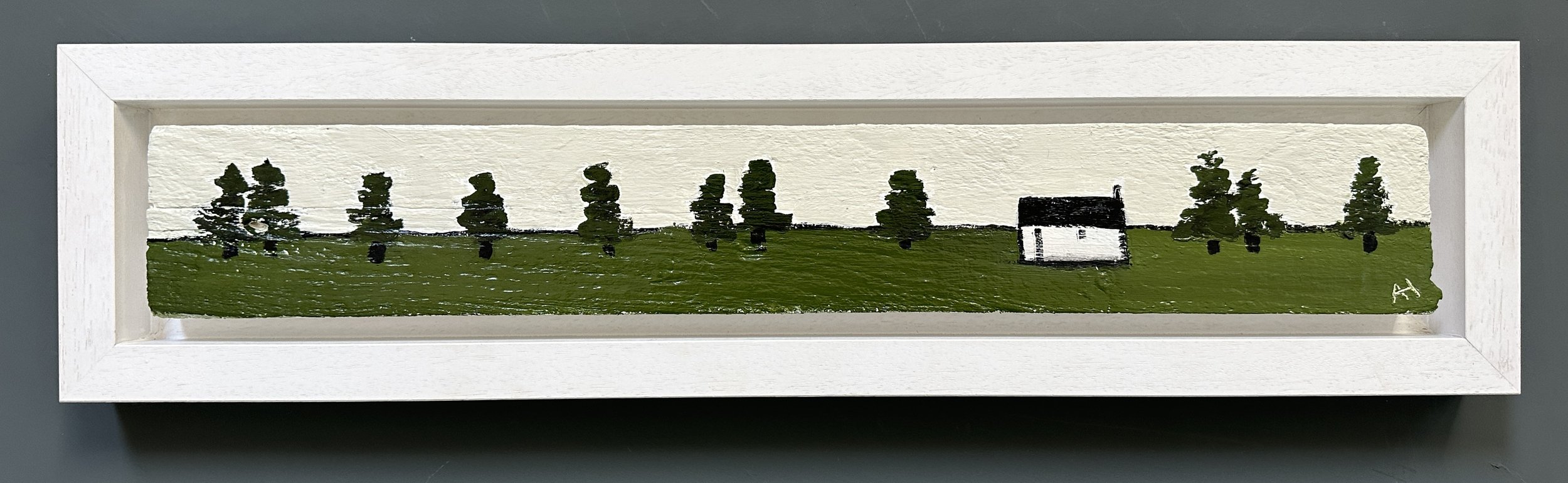 One House and 11 Trees, oil painting on found wood, 15.5 x 64 cm.  Sold 🔴 by The White Gallery Cotswolds, Chipping Campden