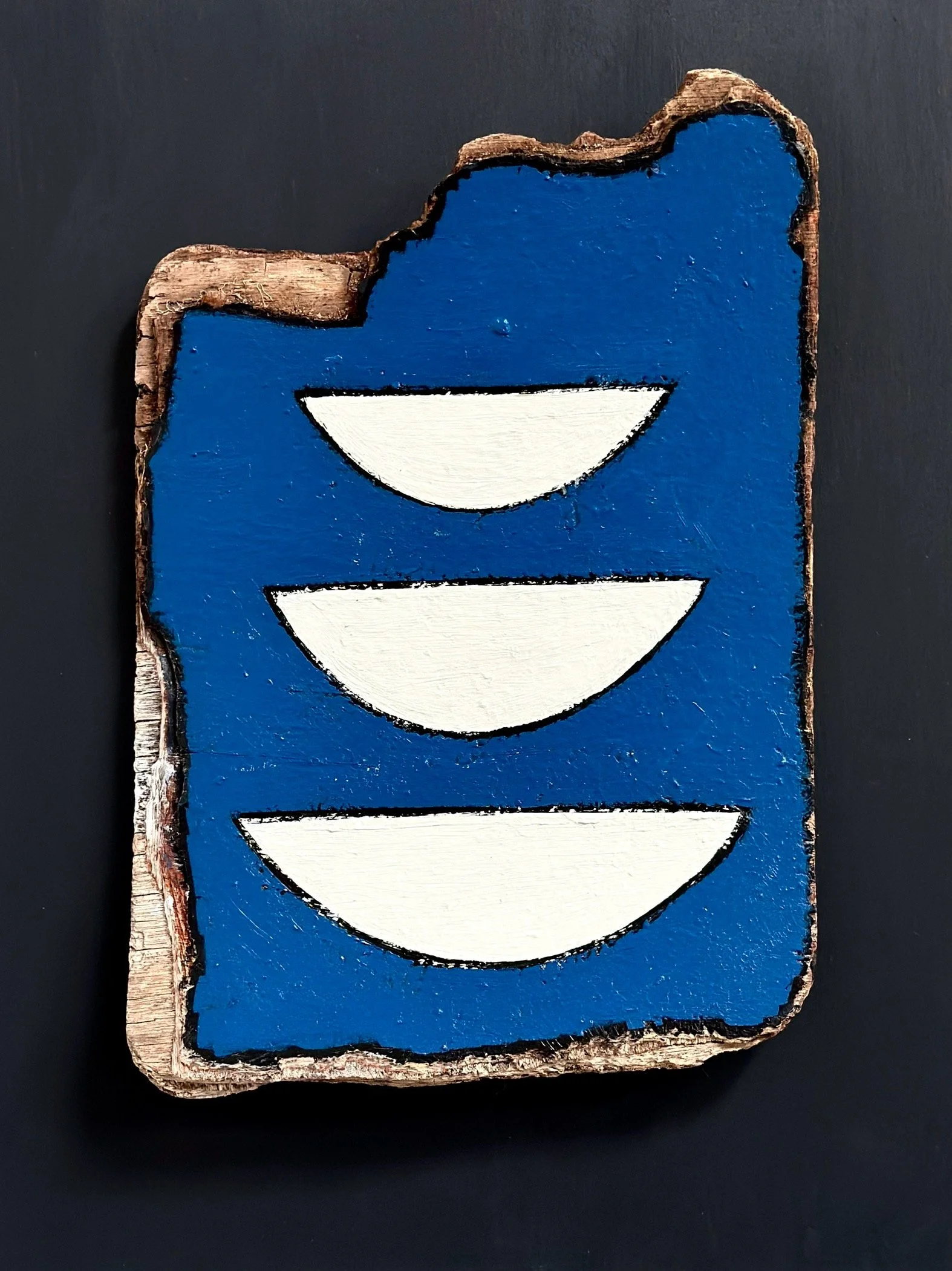 Three Vessels (blue).  Painted driftwood, 39x31cm in bespoke frame.  🔴