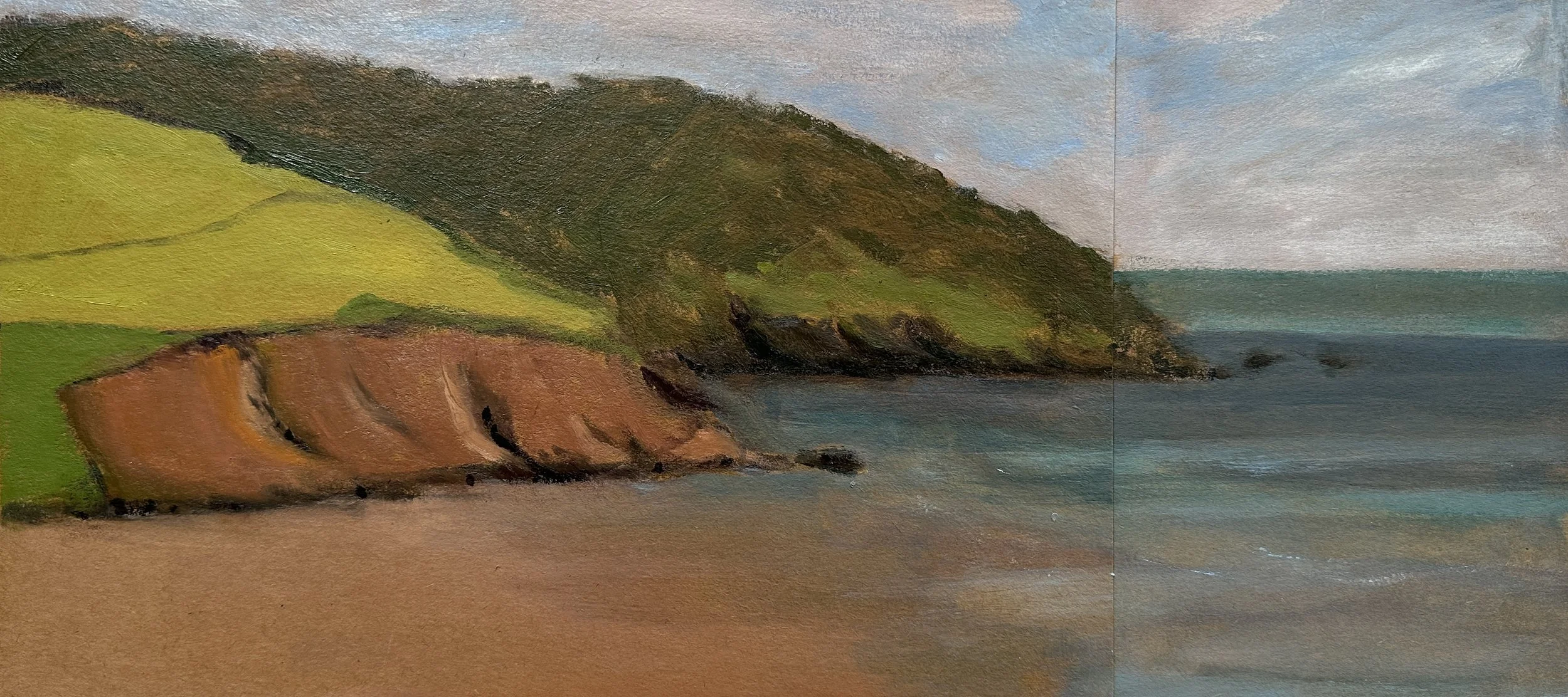 Porthluney Cove, oil painting on carton board, 20x42cm unframed NFS