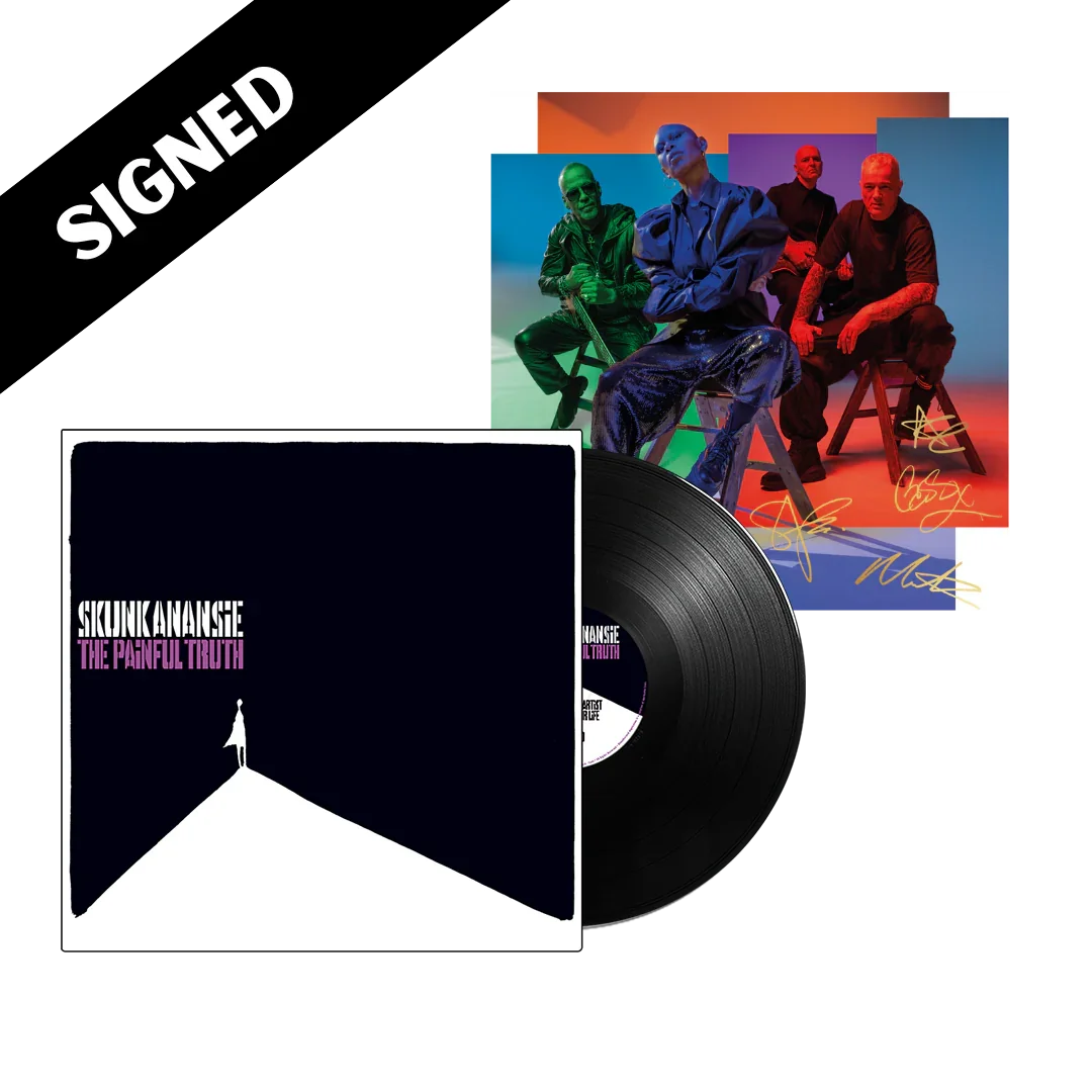 Album cover for Skunk Anansie titled "The Painful Truth" with minimalist black and white design, featuring a silhouette of a person standing on a hill and a black vinyl record, alongside a colorful band photo with four members, signatures in gold, and a colored background.
