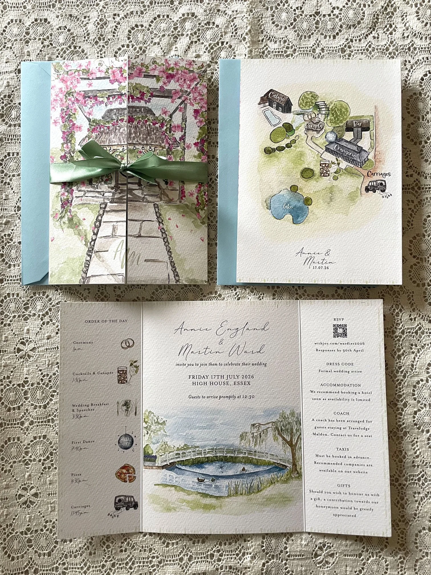 Bespoke illustrated wedding invitation with hand-painted flowers gatefold and map
