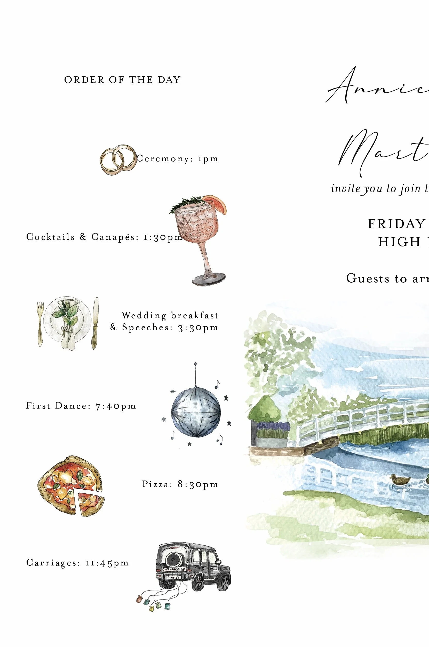 Personalised watercolour wedding invitation with elegant illustrated details order of the day