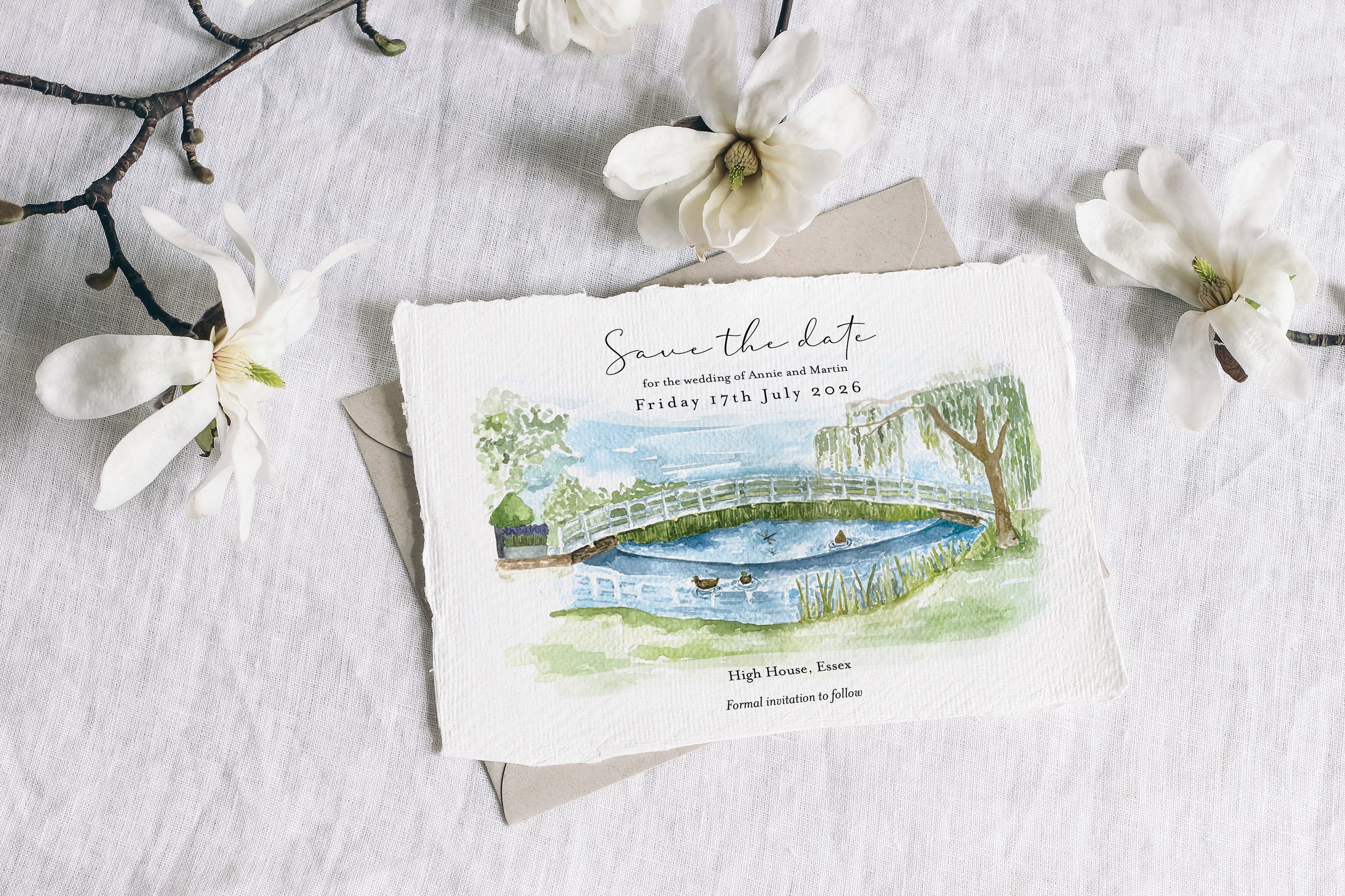 Bespoke watercolour save the date card with personalised wedding illustration