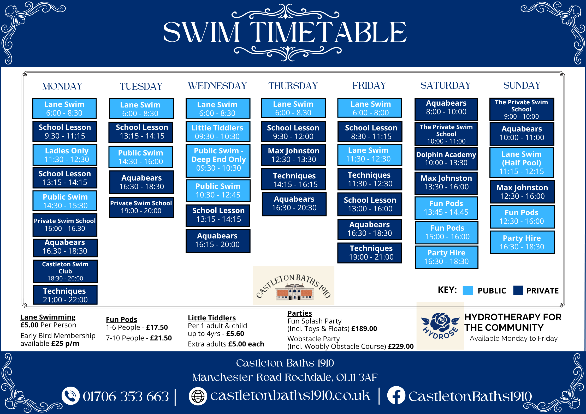 Swim timetable for Castleton Baths 1910, listing swimming sessions, lessons, and activities from Monday to Sunday with timings, including private, public, and family sessions, at various times throughout the week.