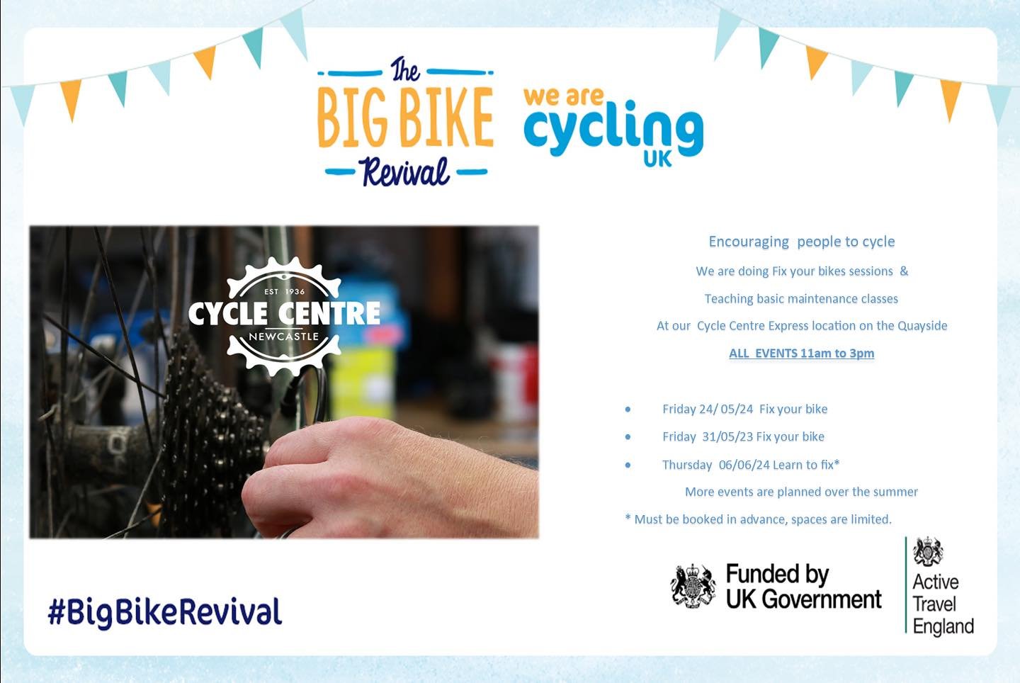 We have a few events running at our @cyclecentre_express branch within @thecyclehub_newcastle  on Newcastle Quayside. All events run between 11-3pm
#newcastlecycling
#BigBikeRevival
#fixyourbike
#cyclinguk
