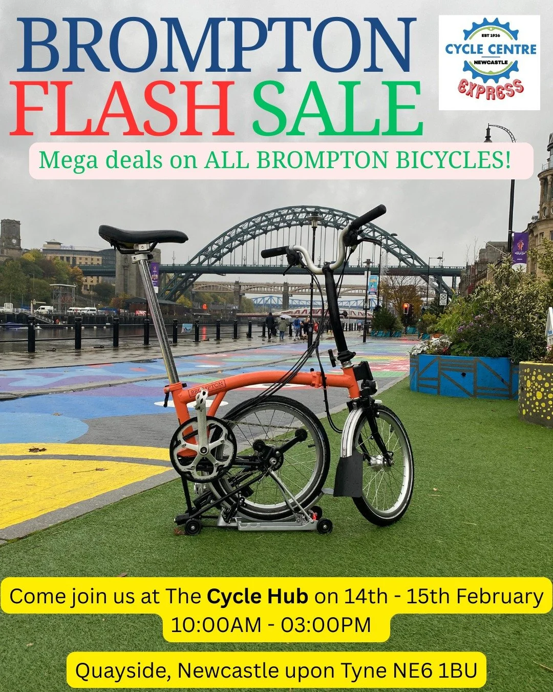 This weekend we are having an event at our Quayside location.
This weekend only: The Big Brompton sale
Huge discounts on all Brompton Bikes we have available. 
Where: @thecyclehub_newcastle 
When: Saturday 14th &amp; Sunday 15th 10am to 3pm
What's ha