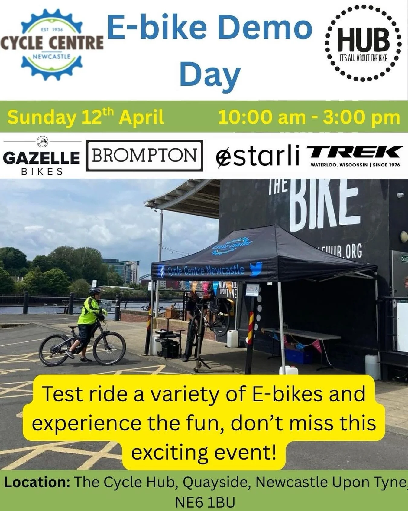 We are doing it again! 
Experience the Future of Riding &ndash; Electric Bike Demo Day!

Sunday 12th April at The Cycle Hub 10am to 3pm.

Ever thought of buying an electric bike? 
Why not....
Test Ride the Latest E-Bikes &ndash; No Strings Attached!
