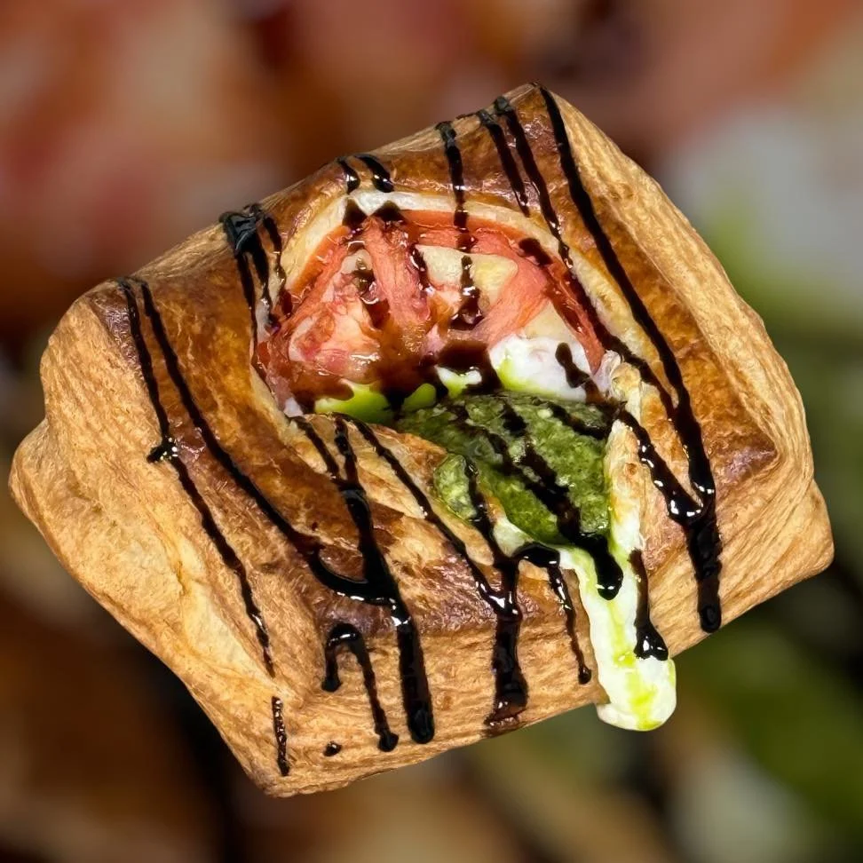 Slower days allow us a chance to catch our breath and also to do some research and development. Baker Alyssa with an incredible Caprese Croissant Square with Fresh Mozzarella, Pesto, Tomatoes &amp; Balsamic Drizzle. This is ridiculously good and shou